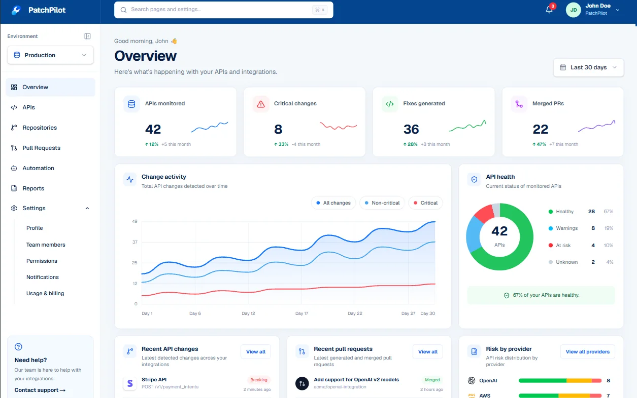 PatchPilot dashboard showing healthy API integrations and recent changes